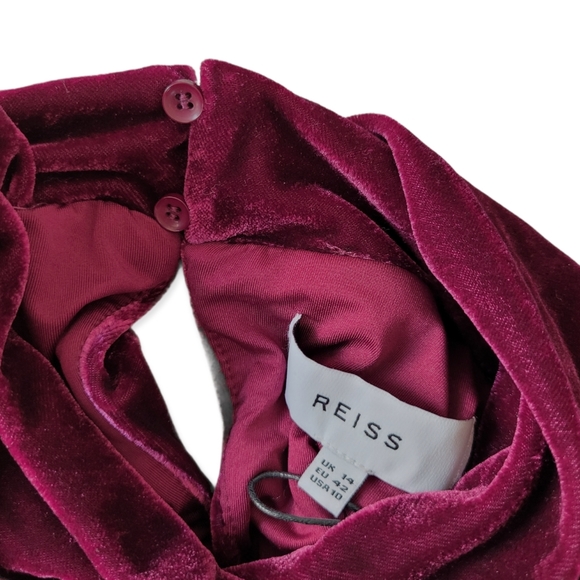 REISS JOAN Berry Red Sleeveless Open Back High Neck Velvet Straight Leg Jumpsuit - Picture 13 of 16